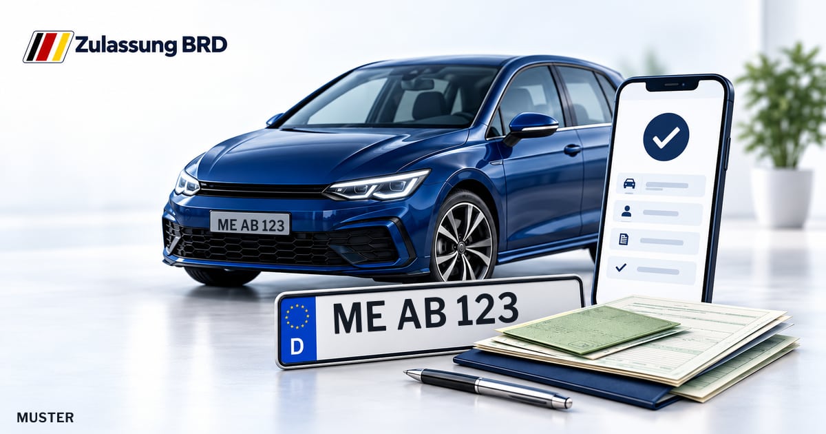 Online Fahrzeugzulassung in Heiligenhaus: Musterkennzeichen ME AB 123, Auto und Fahrzeugpapiere und Smartphone. Illustration mit Logo von Zulassung BRD.
